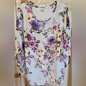Cj banks pinstripe size x womens pastel blue purple floral t shirt blouse